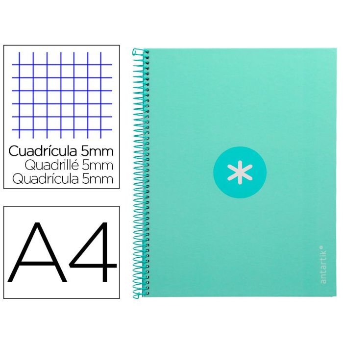 Cuaderno Espiral A4 Micro Antartik Tapa Forrada 80H 90 gr Cuadro 5 mm 1 Banda 4 Taladros Menta