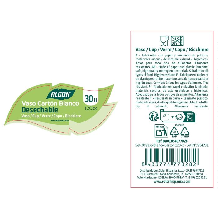 Algon Set de 30 Vasos de Cartón Blancos de 120 cc (24 Unidades) 6 Algon Set de 30 Vasos de Cartón Blancos de 120 cc (24 Unidades) 6