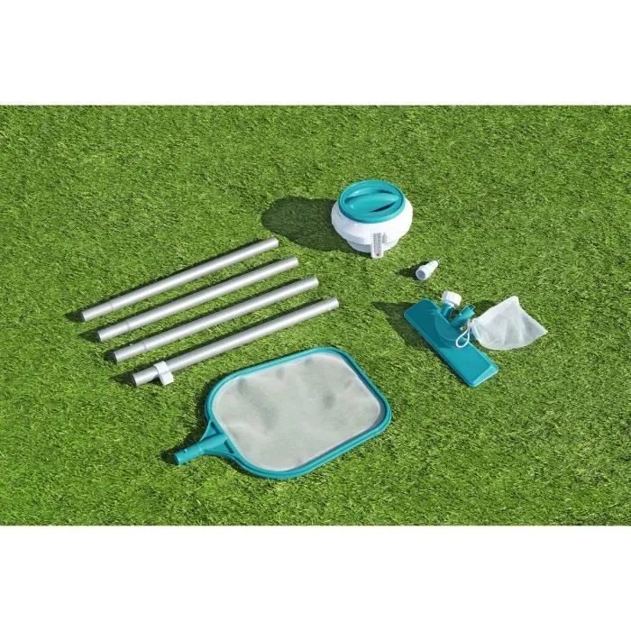 Bestway Kit de Limpieza para Piscinas hasta 3,96 m - Aquaclear con Red Skimmer, Flotador, Aspirador, Tira de Prueba y Parche de Reparación - BES6941607344286