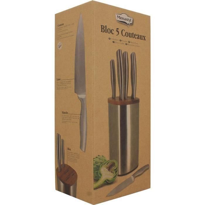 Menastyl 5041070 Bloque de Cuchillos de 5 Piezas de Acero Inoxidable con Soporte de Madera 1