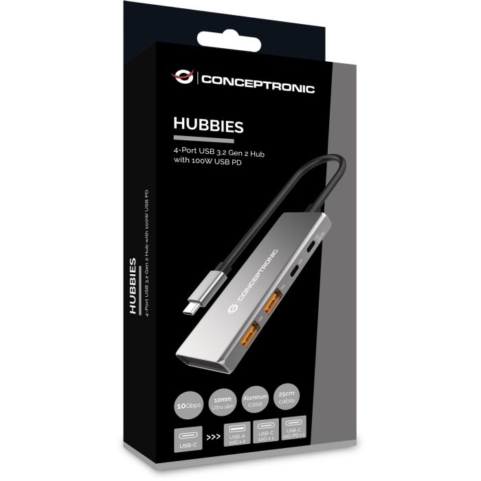 Conceptronic HUBBIES15G 4-Port USB 3.2 Gen 2 Hub, 10Gbps, USB-C x 2, USB-C a W Usb PD/Aluminum 5