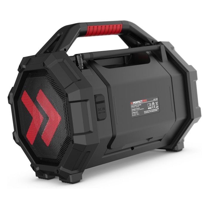 PerfectPro ROCKTAGON Radio de obra digital 30W DAB+ FM Bluetooth 5.2 IP65, 4 altavoces, compatible baterías 18V Bosch Makita DeWalt Milwaukee, USB, Negro/Rojo