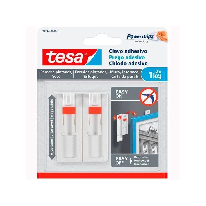 Tesa Pack de 2 Clavo Adhesivo Ajustable Hasta 1 kg Para Pared Lisa, Ideal para Colgar Cuadros Tesa Pack de 2 Clavo Adhesivo Ajustable Hasta 1 kg Para Pared Lisa, Ideal para Colgar Cuadros