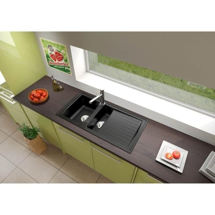 Fregadero de cocina encastrable STRADOUR 1,5 senos + 1 escurridor Arena - Resina - 100 x 50 cm - Negro 1 Fregadero de cocina encastrable STRADOUR 1,5 senos + 1 escurridor Arena - Resina - 100 x 50 cm - Negro 1