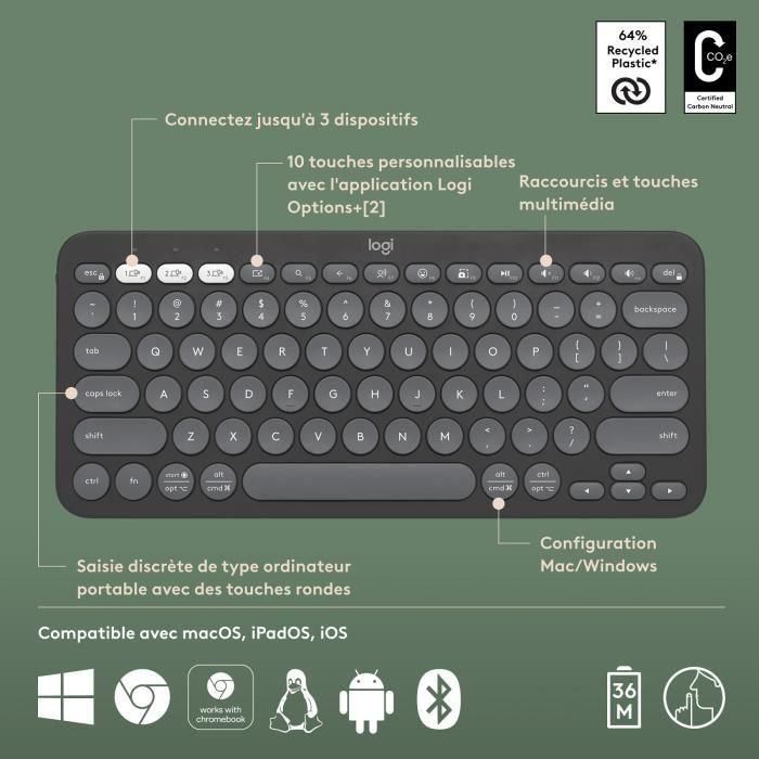 LOGITECH - Teclado inalámbrico - Pebble Keys 2 M380s - Bluetooth - Botón Easy-Switch - Grafito - (920-011803) 5 LOGITECH - Teclado inalámbrico - Pebble Keys 2 M380s - Bluetooth - Botón Easy-Switch - Grafito - (920-011803) 5