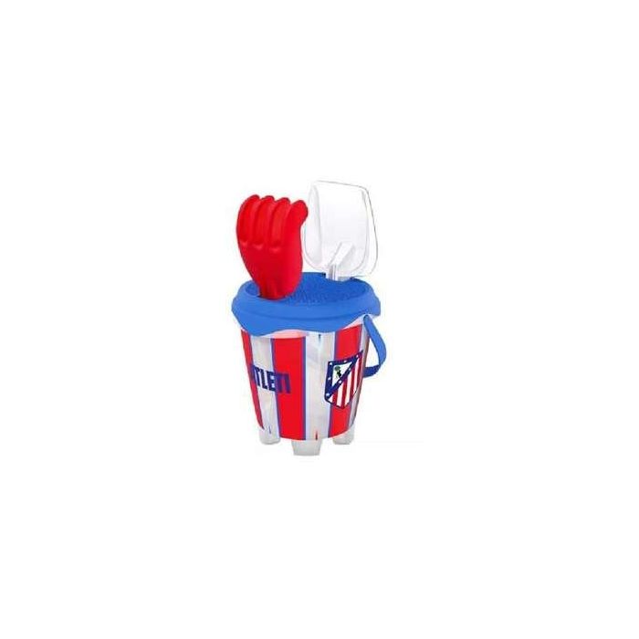 Atleti-cubo playa castillo atletico de madrid diametro 18cm con pala,rastrillo y cedazo.