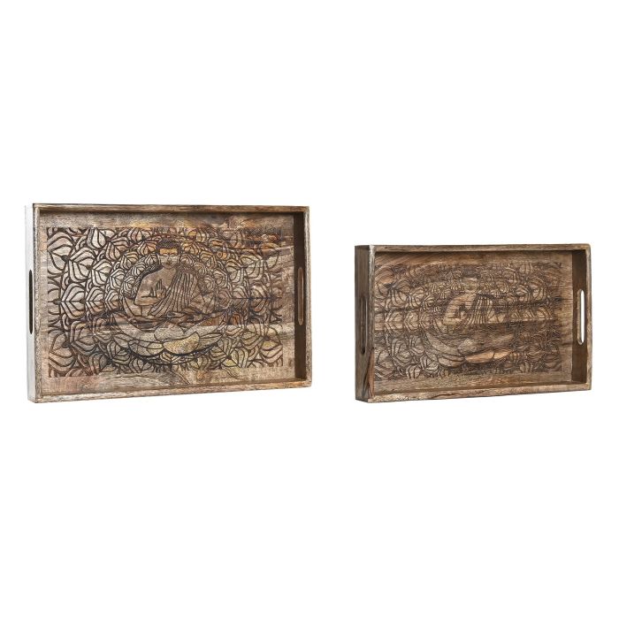 Bandeja Oriental DKD Home Decor Marron Marron Oscuro 27.5 x 7.5 x 43 cm Set de 2