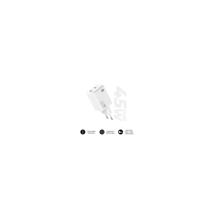 SUBBLIM SUBCHG-6G4520 - Cargador de Pared GaN 45W Doble USB-C PD/PPS Ultracompacto Blanco para Portátiles y Smartphones