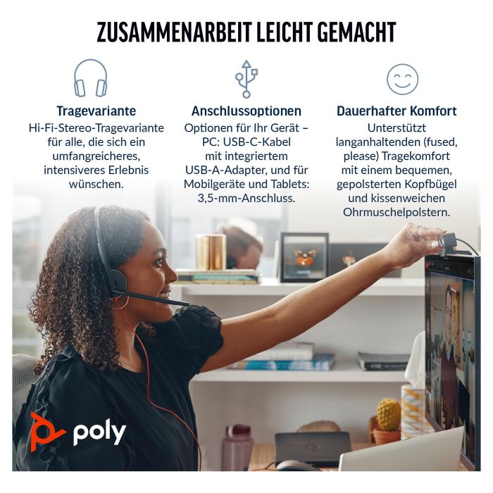 Poly Auriculares Blackwire 3325 Estéreo con Cableado USB-C y Conector de 3.5mm, Certificado para Equipos Microsoft y UC, Color Negro 1