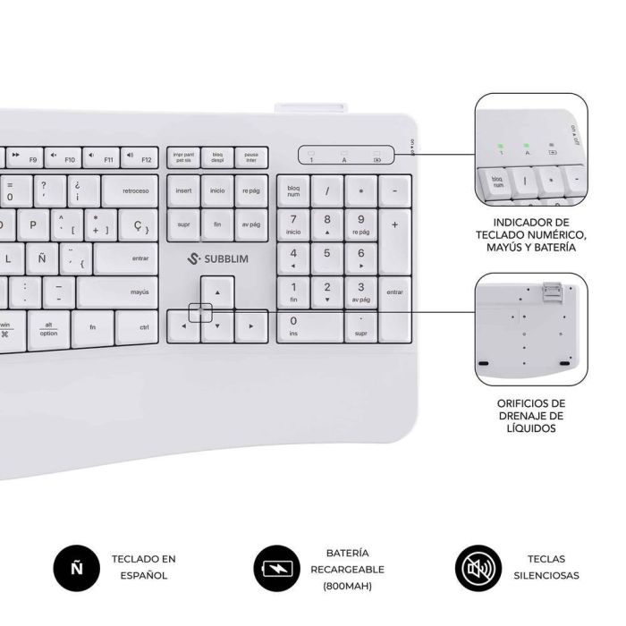 Subblim SUBKBC-DCOPW1 Teclado y Ratón Inalámbrico Ergonómico Combo Dual Office Prowave, BT+USB, Recargable, Silencioso, Blanco 4 Subblim SUBKBC-DCOPW1 Teclado y Ratón Inalámbrico Ergonómico Combo Dual Office Prowave, BT+USB, Recargable, Silencioso, Blanco 4
