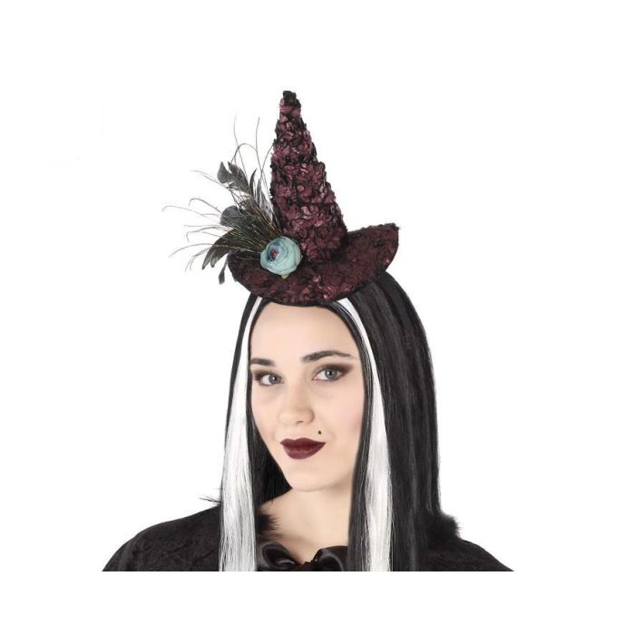 Diadema Sombrero Bruja Morado con Plumas - Complemento para Disfraz de Halloween y Fotos