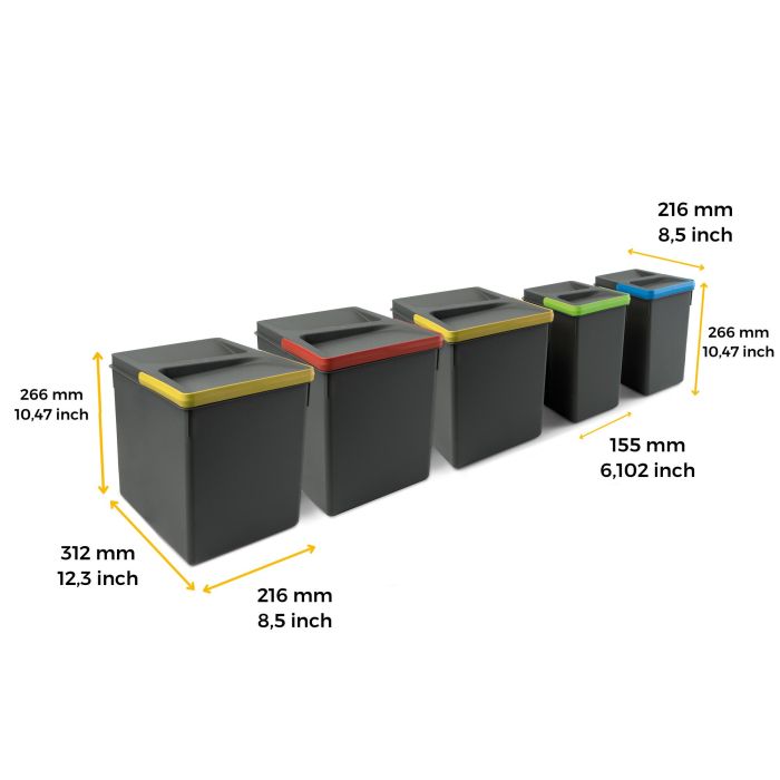 Emuca Contenedores para cajón de cocina Recycle con tapa anti olores, Altura 266, 3x15litros, 2x7litros, Plástico gris antracita 8