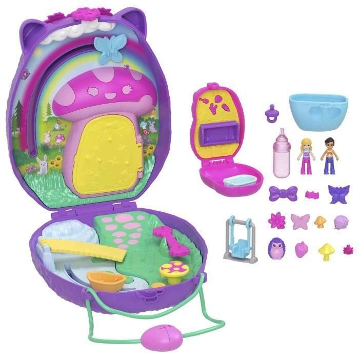Mattel Jbj91 Polly Pocket Cofre Bolso Mamá Erizo y Bebé - Juego Jardín y Guardería 2 en 1 con Bebé que Moja Pañal y 16 Accesorios 1