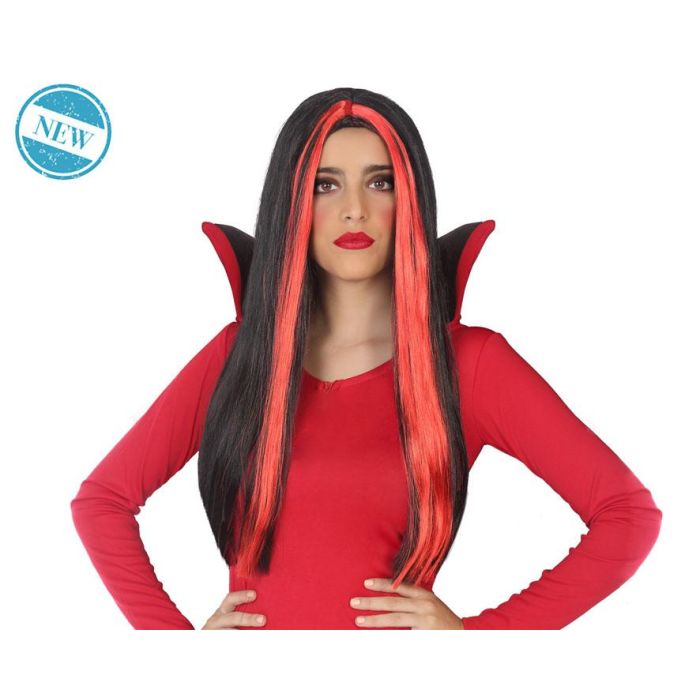 Peluca Vampiresa Larga Roja 60 cm Con Mechas Negras Halloween Gótica Fiesta Terror
