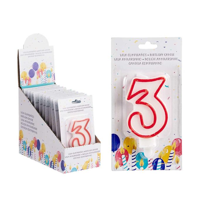 Vela Cumpleaños Num 3 Blanca Borde Rojo Arte Regal 4X8CM (72 Unidades) 2 Vela Cumpleaños Num 3 Blanca Borde Rojo Arte Regal 4X8CM (72 Unidades) 2