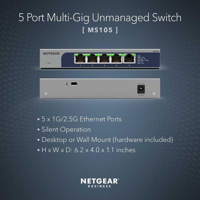 Netgear MS305 Switch Multi-Gigabit de 5 Puertos, No Gestionado, 2.5G, PoE++, Silencioso, Montaje en Pared/Escritorio 1 Netgear MS305 Switch Multi-Gigabit de 5 Puertos, No Gestionado, 2.5G, PoE++, Silencioso, Montaje en Pared/Escritorio 1