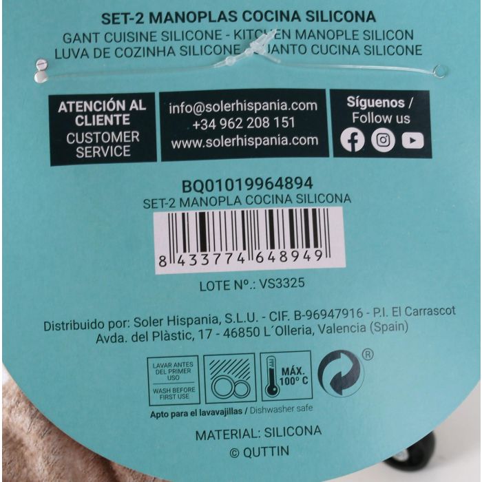 Quttin Set de 2 Manoplas de Cocina de Silicona, medidas 12 x 10 x 2 cm y 74 g cada una (18 Unidades) 6