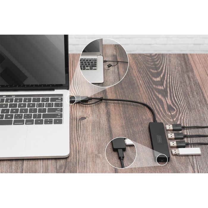 DIGITUS Hub USB 3.0 de 4 Puertos Slim con Adaptador USB-C y Cable de 0,2m 1