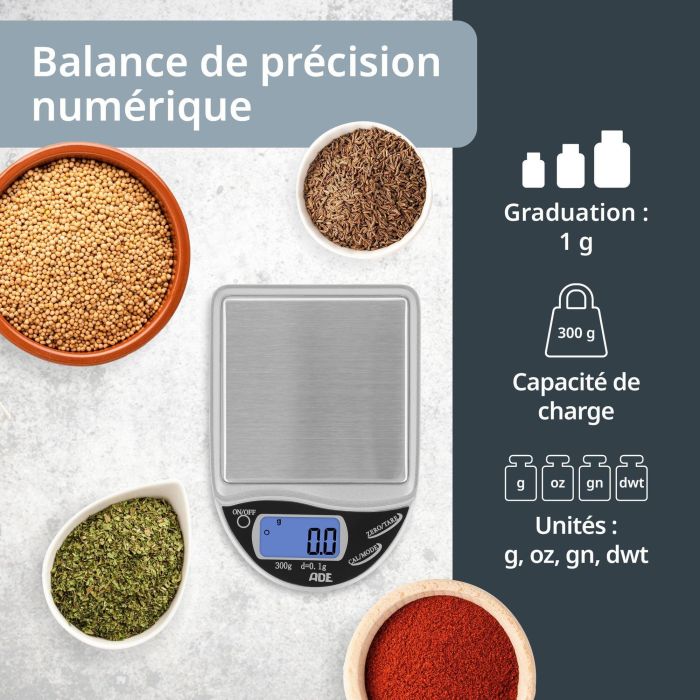 Báscula de cocina digital - ADE - DE BOLSILLO - Plástico ABS - De 0,1 a 300 g - Incluye 2 pilas AAA 1