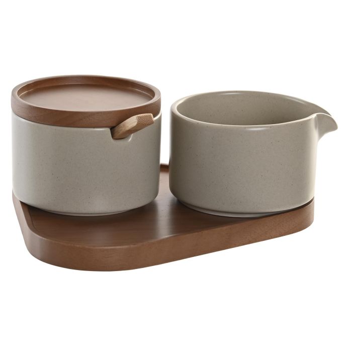 DKD Home Decor Azucarero Moderno Set de 2 con Lechera, Porcelana y Rubberwood, Apto Microondas Lavavajillas, Beige Marrón 18.5 x 7 x 19.5 cm