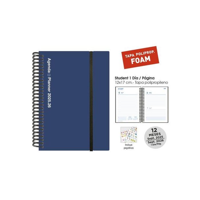 Agenda Escolar (2025-26) Senfort Student Foam Espiral Tapa Pp Con Goma 120X170 D/P Azul