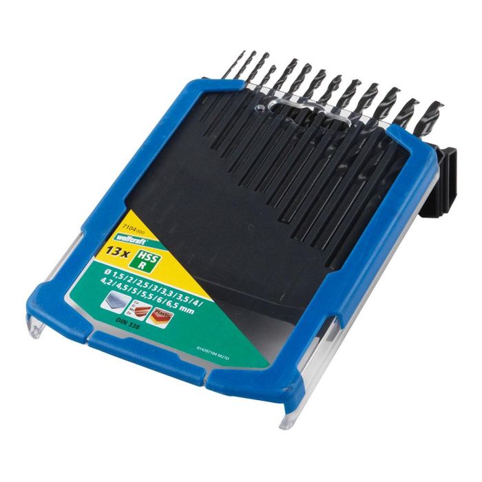 Wolfcraft 7104000 Juego de Brocas HSS de Forja Laminada para Metal, 13 Piezas, Diámetros Ø1.5 a 6.5 mm