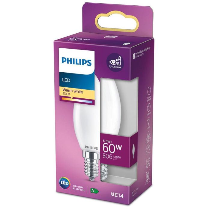 Philips Bombilla Vela LED E14 6,5W 806lm 2700K Luz Calida Ø3,5 x 9,7cm