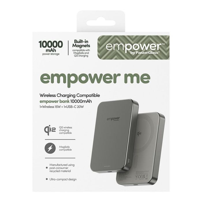 PanzerGlass Empower Bank Cargador Portátil 10000mAh con Carga Inalámbrica 15W y Rápida 20W, USB-C, Color Titanio, Aluminio Reciclado, 70 x 102 x 14.3 mm 2
