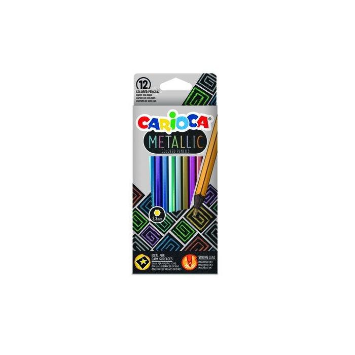 Carioca Lápices de Colores Metalizados Hexagonal Mina 3.3mm, 12 Colores Surtidos, Punta Suave y Supercubriente, Ideales Superficies Oscuras