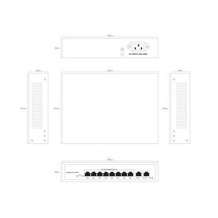 Ernitec Switch de red no gestionado 8 puertos PoE Gigabit RJ45 y 2 puertos Gigabit RJ45, modos VLAN/Extend/Default 1