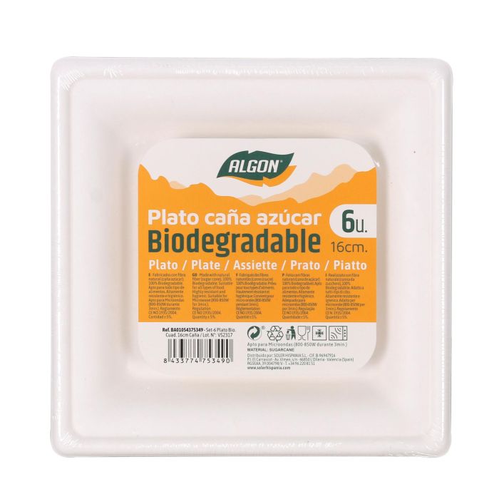 Set de 6 Platos Biodegradables Cuadrados 16 cm Algon (24 Cajas) 1