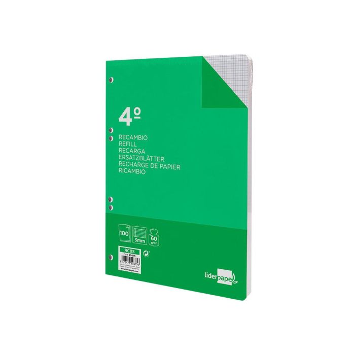 Recambio Liderpapel Cuarto 100 Hojas 60 gr-M2 Cuadro 3 mm Con Margen 6 Taladros 5