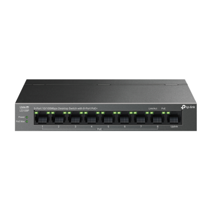 TP-Link LS109P Switch No Administrado de 9 Puertos Fast Ethernet (10/100) con PoE, 1.8 Gbit/s, Negro, Montaje Pared