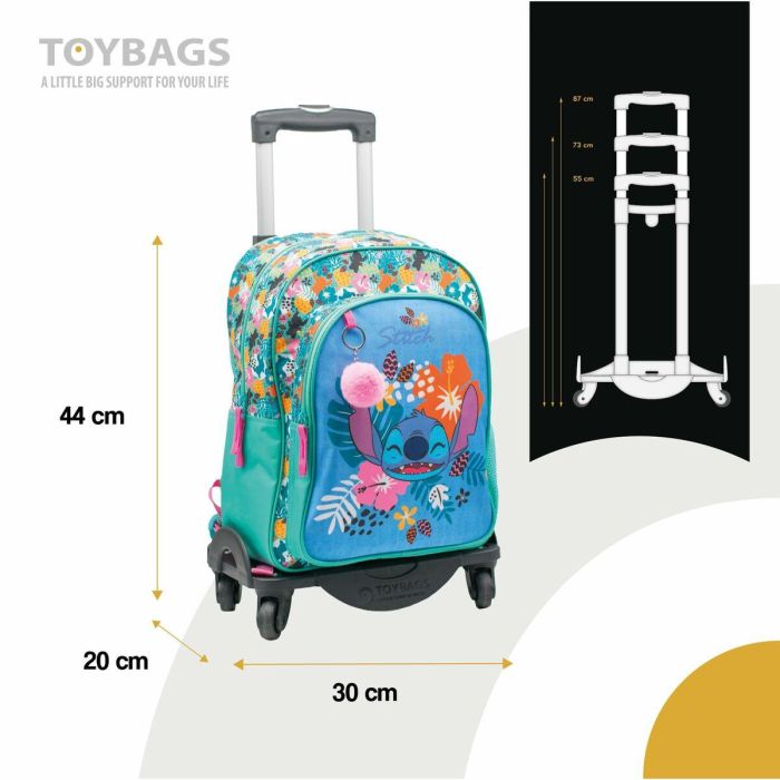 Toybags Mochila Primaria Stitch Tropical Doble Compartimento 44x30x20 cm + Carro Negro T963, Protector Lateral, 4 Ruedas 5 Toybags Mochila Primaria Stitch Tropical Doble Compartimento 44x30x20 cm + Carro Negro T963, Protector Lateral, 4 Ruedas 5