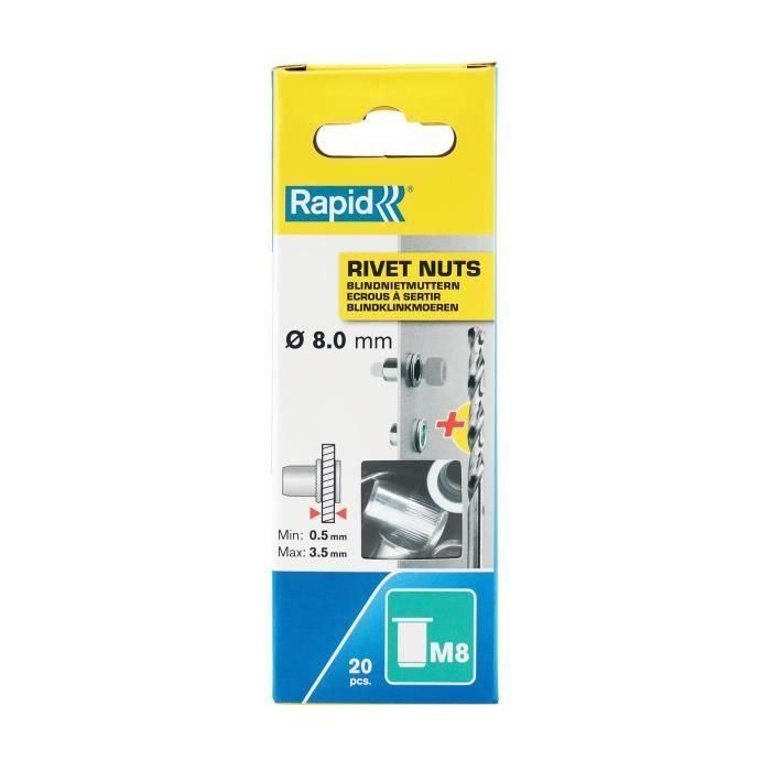 Tuercas de crimpado para tornillos Ø8mm - RAPID - M8 - Caja de 20 + broca 1 Tuercas de crimpado para tornillos Ø8mm - RAPID - M8 - Caja de 20 + broca 1