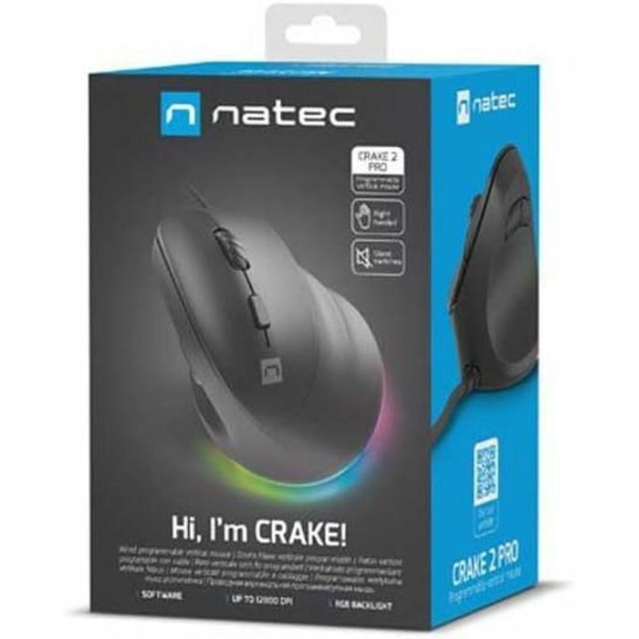 NATEC Crake 2 Pro Ratón Óptico USB Tipo A para Mano Derecha, Diseño Vertical, 12800 DPI, 6 Botones, Iluminación RGB Negro 1