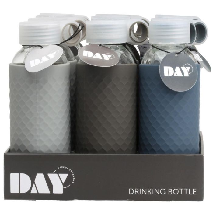 Day Botella de Vidrio Transparente y Silicona 450 ml con Funda Antideslizante y Tapón de Rosca con Anilla, Colores Surtidos 6
