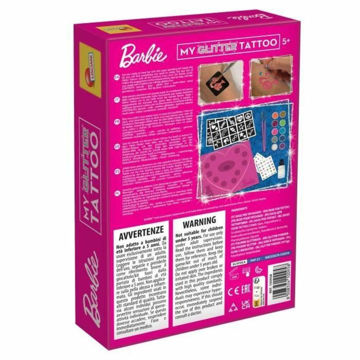 Lisciani Giochi Kit de tatuajes con purpurina de Barbie - Crea tatuajes coloridos y brillantes con glitter y gemas adhesivas 4