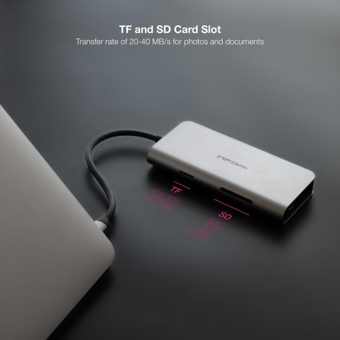 Nanocable 10.16.4609 Concentrador Docking Station USB-C 8 en 1: HDMI 4K 60Hz, 3x USB 3.0, RJ45 Gigabit, Lector SD/TF, USB-C PD 100W, Aluminio Gris 3
