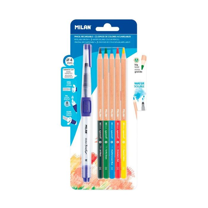 Blister con 1 pincel recargable water brush + 5 lapices acuarelas milan 1