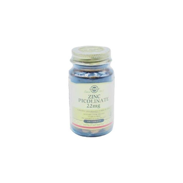 SOLGAR Zinc Picolinato 22 mg, 100 Comprimidos. Alta asimilación, mantenimiento piel, pelo y uñas. Apto para veganos.