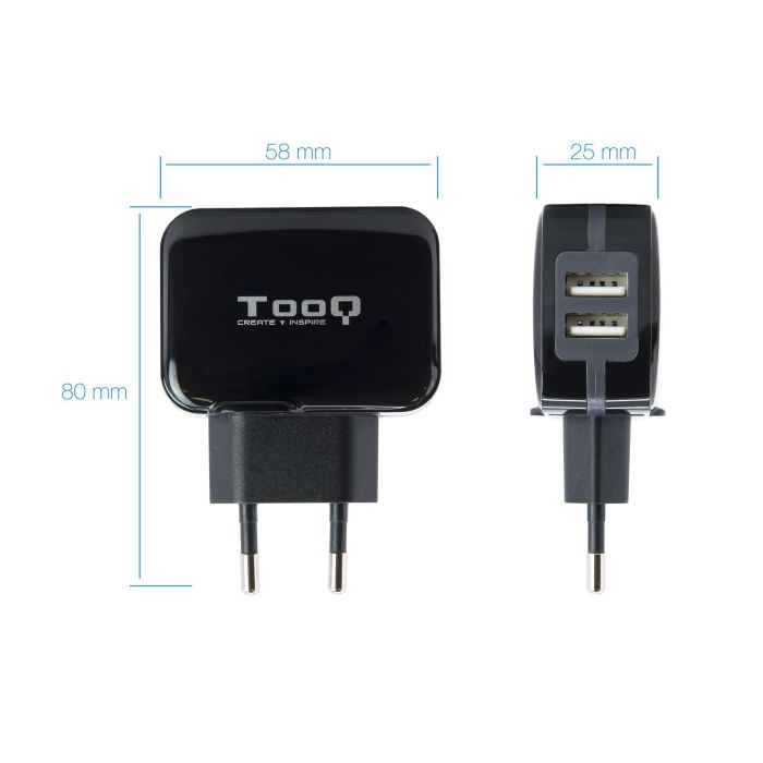 TooQ TQWC-1S02 Cargador de Pared Dual USB 3.4A 17W con Tecnología Smart AI para Carga Rápida de Smartphone, Tablet, GPS Negro 1 TooQ TQWC-1S02 Cargador de Pared Dual USB 3.4A 17W con Tecnología Smart AI para Carga Rápida de Smartphone, Tablet, GPS Negro 1
