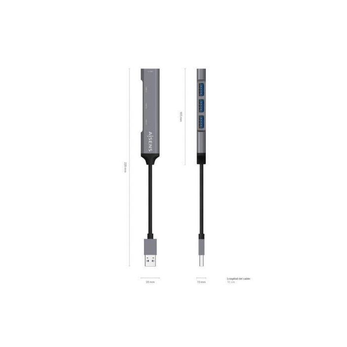 AISENS HUB USB 3.0 aluminio, tipo A/M-4xtipo A/H, gris, 10cm 3