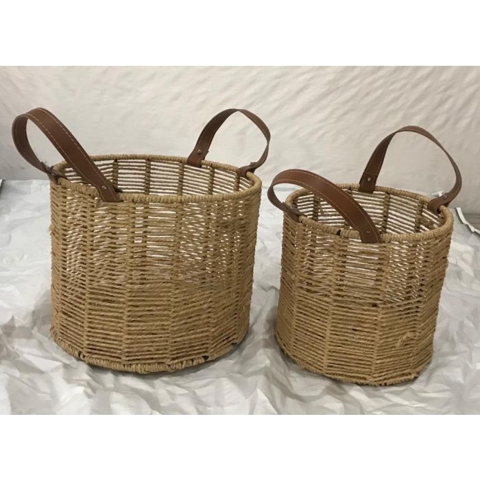 DKD Home Decor Cesta Balines de Cuerda y Metal, Marrón y Natural, 32x32x39 cm, Set de 2