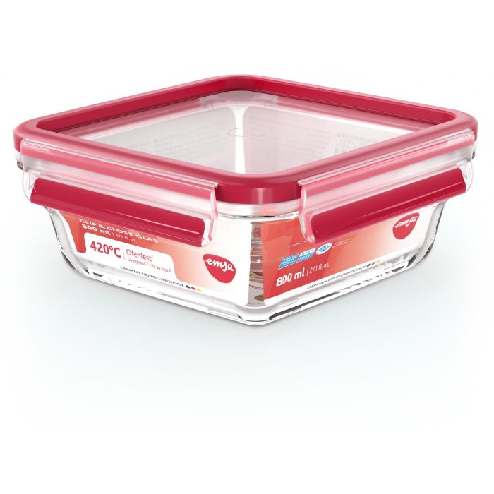 Emsa N10414 Clip & Close Glas Frischhaltedose quadratisch 0.8 L Transparent/Rot 2 Emsa N10414 Clip & Close Glas Frischhaltedose quadratisch 0.8 L Transparent/Rot 2