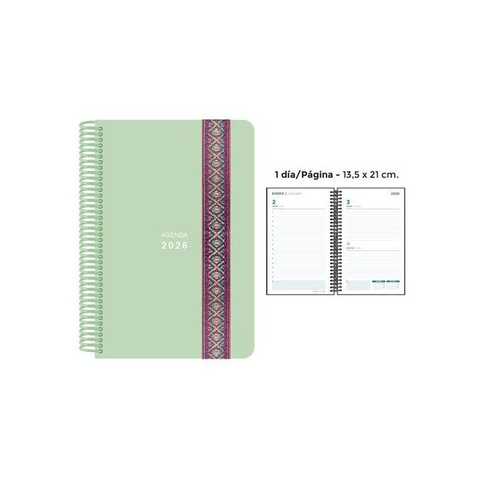 Agenda Anual (2026) Senfort Pastel Espiral Tapa Pp Con Goma Decorada 135X210 D/P Verde