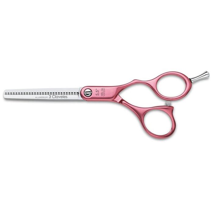 Tres Claveles Tijera Peluquero Esculpir Duraluminio Rosa 5.5" Filo Suave Acero Inoxidable 28 Dientes Semi-Offset