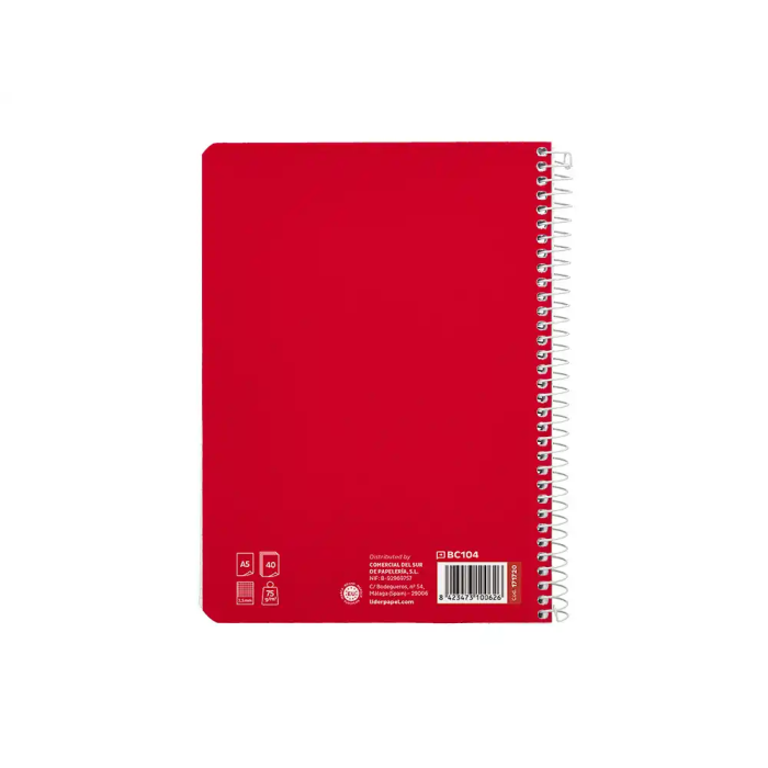 Liderpapel Cuaderno espiral Pautaguía A5 tapa blanda 40 hojas 75gr cuadro pautado 2,5mm color rojo 2
