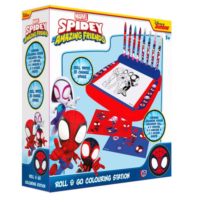 Spidey Marvel Estación Dibujo Roll & Go con Rotuladores, Ceras, Plantillas y Rollo de Papel