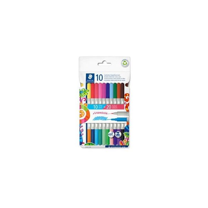 Staedtler Rotuladores Noris 3280 Doble Punta, 10 Unidades, 20 Colores, Punta Fina y Gruesa, Estuche Reciclado